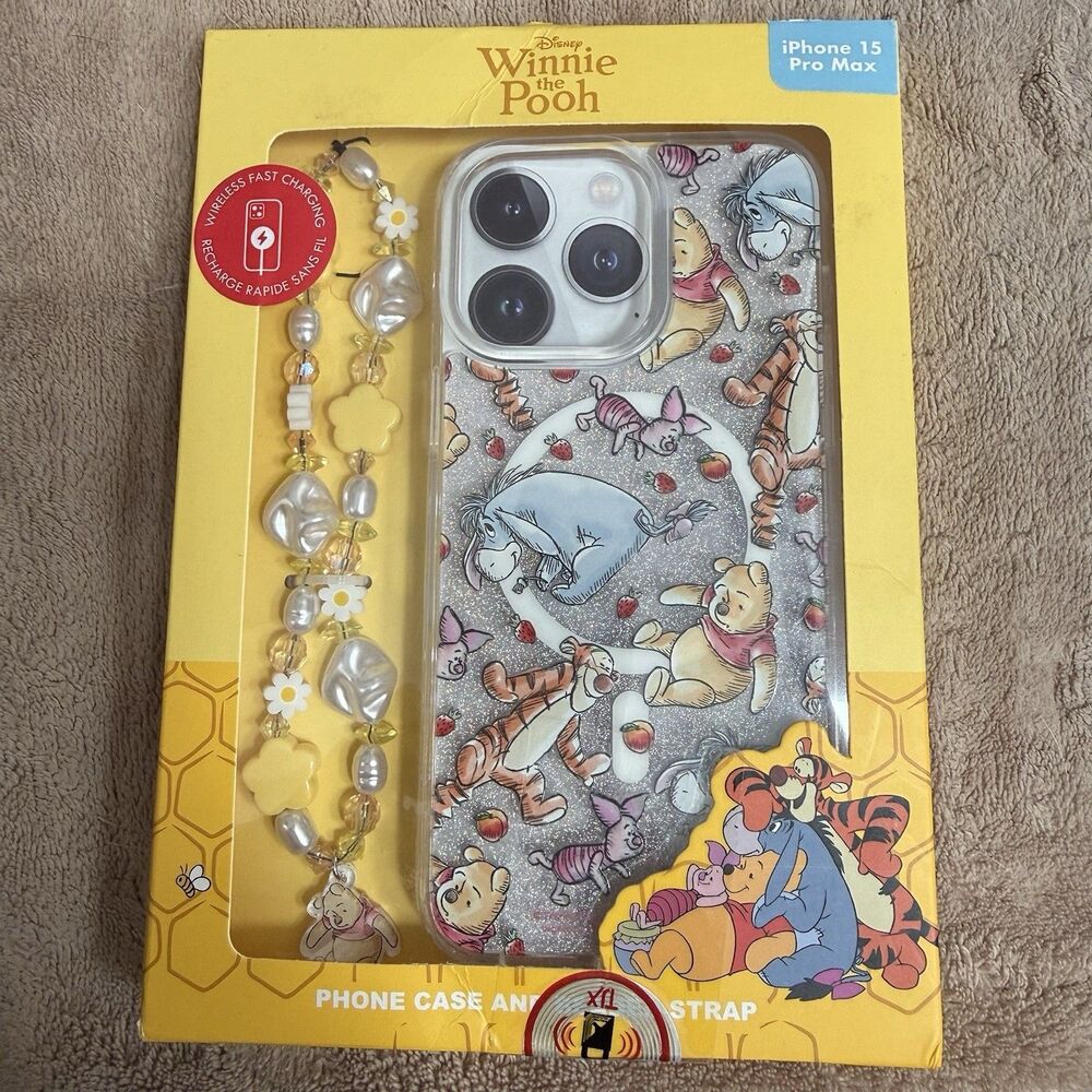 Winnie The Pooh iPhone 15 Pro Max Case Beaded Strap Silver Sparkle NEW